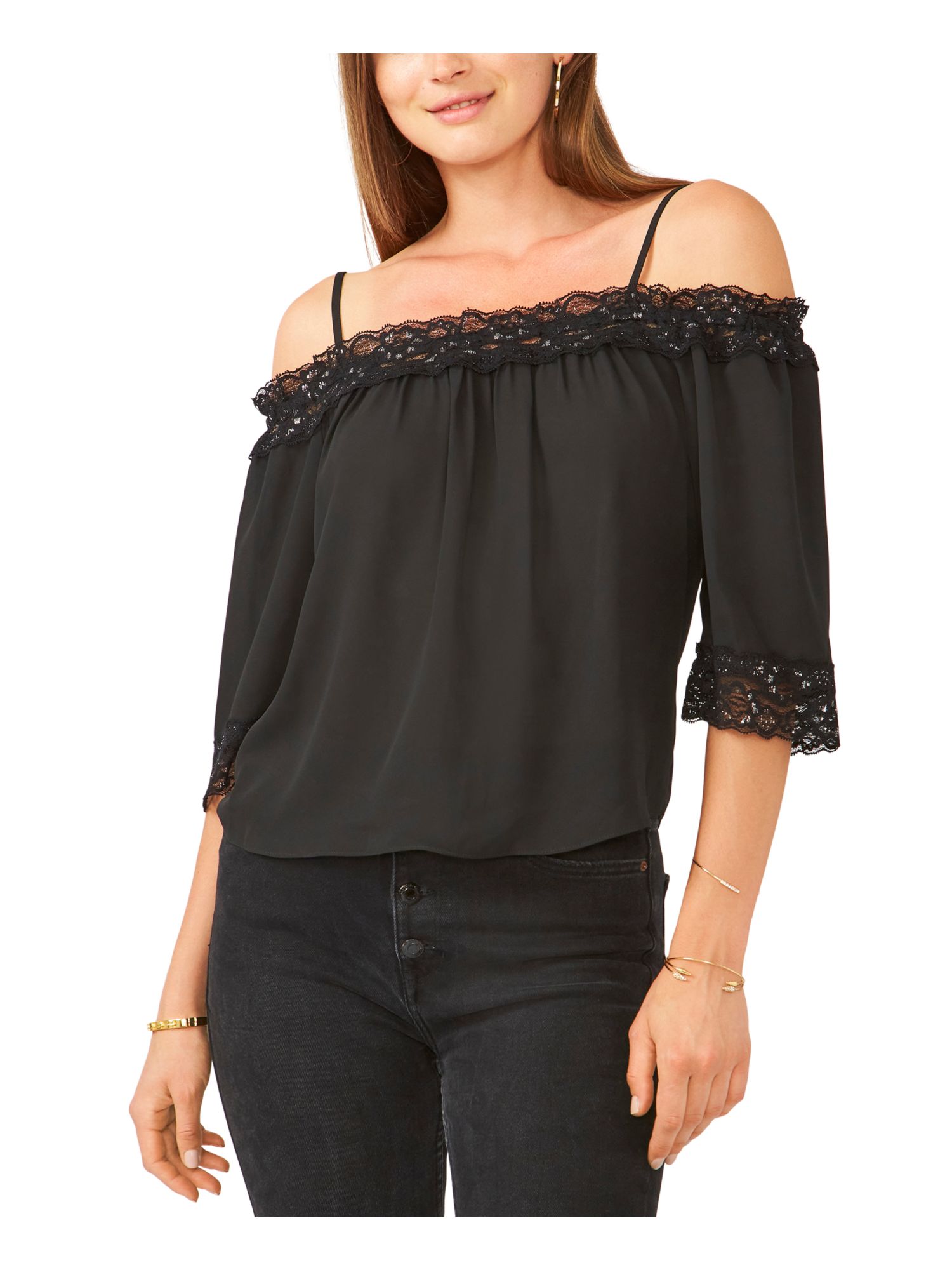 28TH & PARK Womens Black Ruffled Short Length Elbow Sleeve Spaghetti Strap Off Shoulder Party Top Juniors S