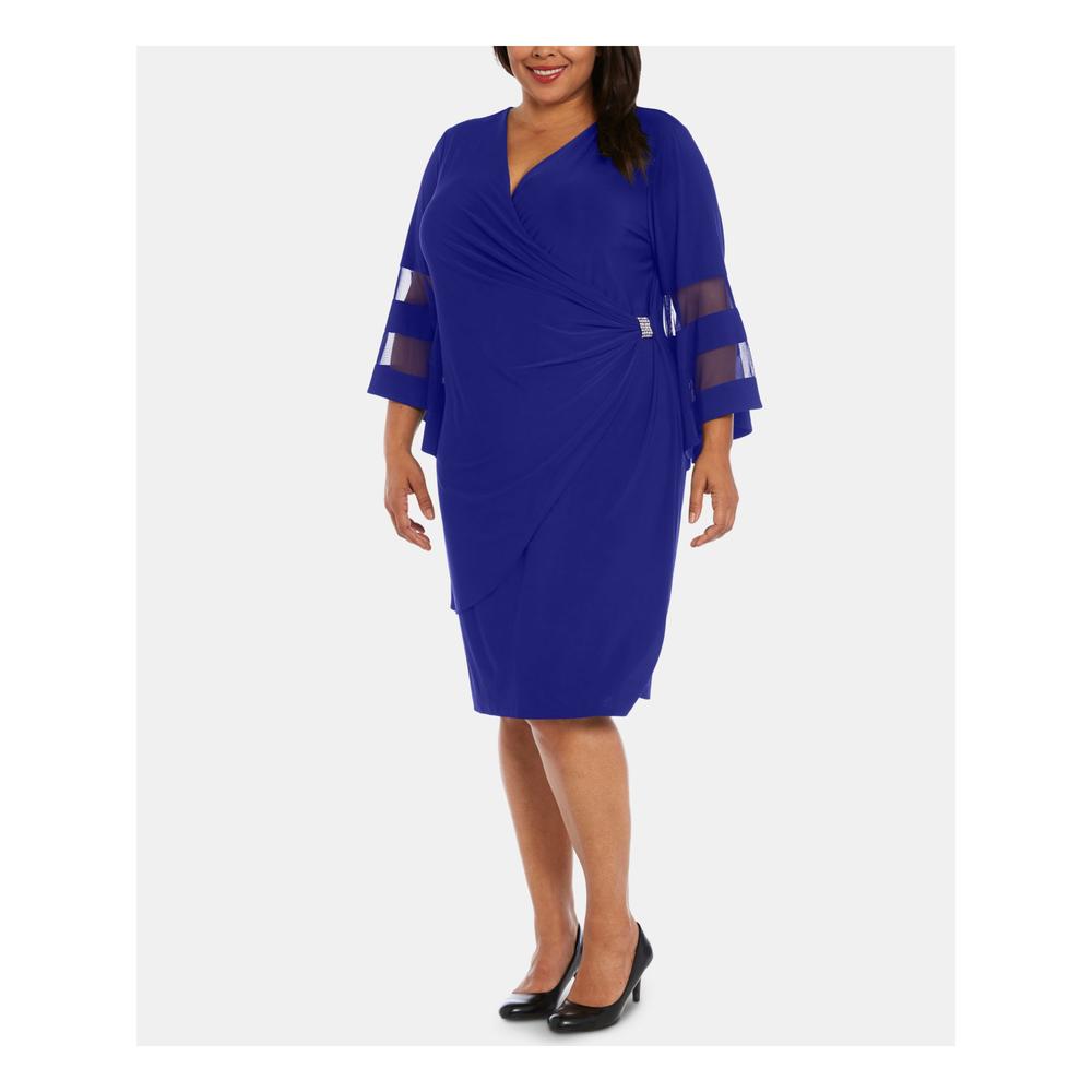 R&M RICHARDS Womens Blue Beaded Rhinestone Illusion Bell Sleeve V Neck Knee Length Party Wrap Dress Plus 14W