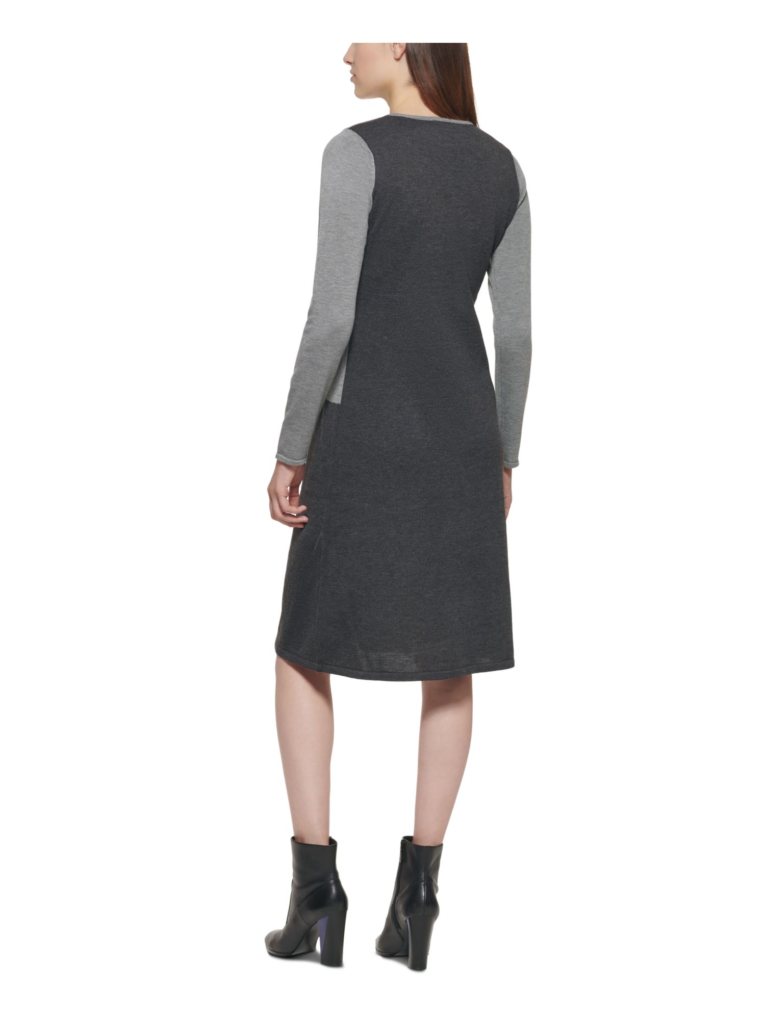 Calvin Klein CALVIN KLEIN Womens Gray Knit Fitted Color Block Long Sleeve  Round Neck Knee Length Party Sweater Dress S