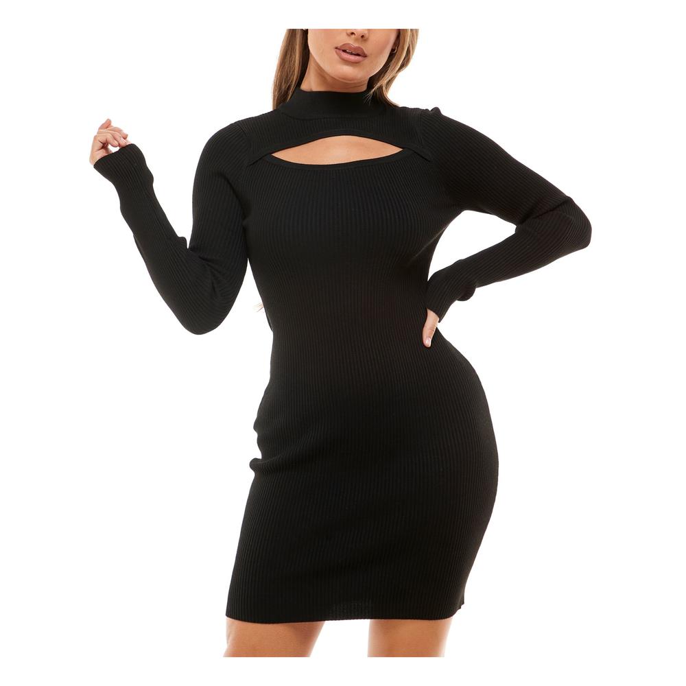 PLANET GOLD Womens Black Ribbed Cut Out Long Sleeve Mock Neck Above The Knee Party Sweater Dress Juniors XXL
