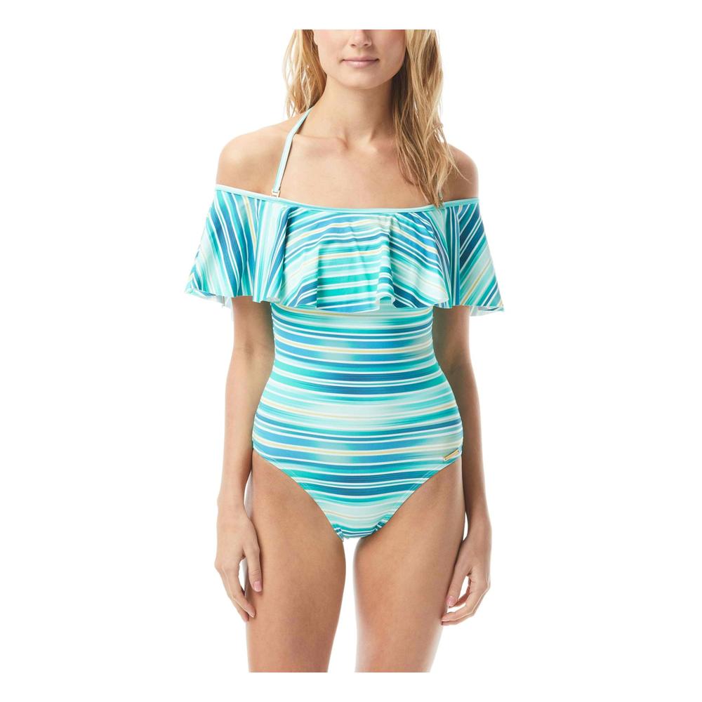 VINCE CAMUTO Women's Teal Striped Stretch Removable Cups Lined Moderate Coverage Ruffled Off The Shoulder One Piece Swimsuit 4