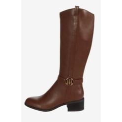 TOMMY HILFIGER Womens Brown Signature Hardware Wide Calf Round Toe Stacked Heel Zip-Up Heeled Boots 9