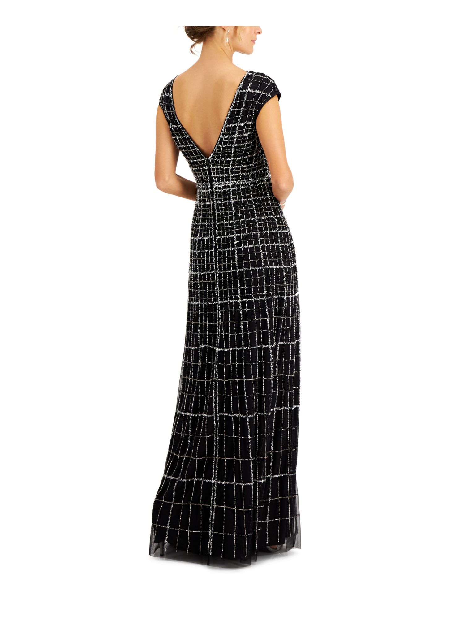 ADRIANNA PAPELL Womens Black Embellished Zippered Plaid Cap Sleeve V Neck Full-Length Evening Gown Dress 2