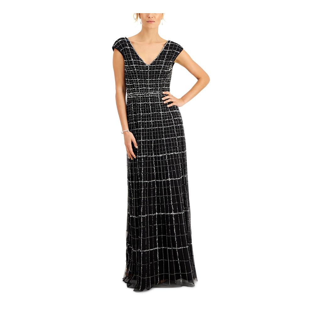 ADRIANNA PAPELL Womens Black Embellished Zippered Plaid Cap Sleeve V Neck Full-Length Evening Gown Dress 2