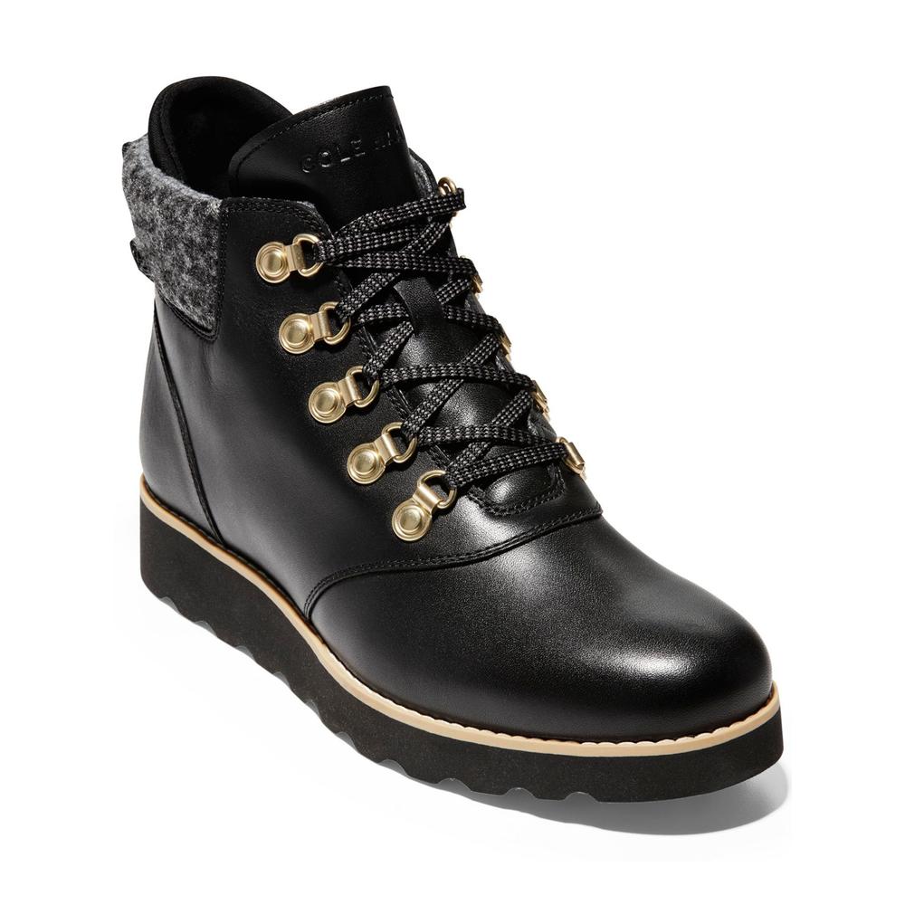 COLE HAAN Womens Black 1/2" Platform Nantucket Wedge Leather Hiking Boots 6 B
