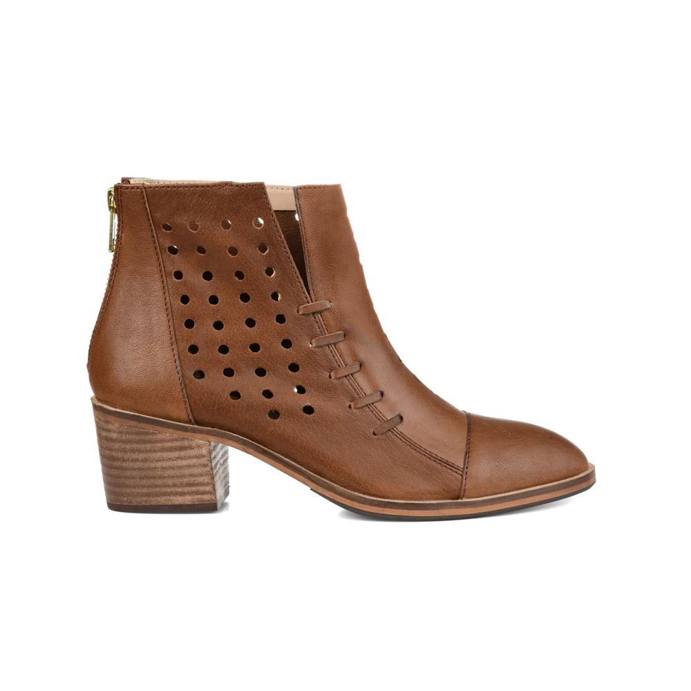 JOURNEE COLLECTION Womens Brown Slitted Perforated Padded Ulima Almond Toe Block Heel Zip-Up Leather Booties 12