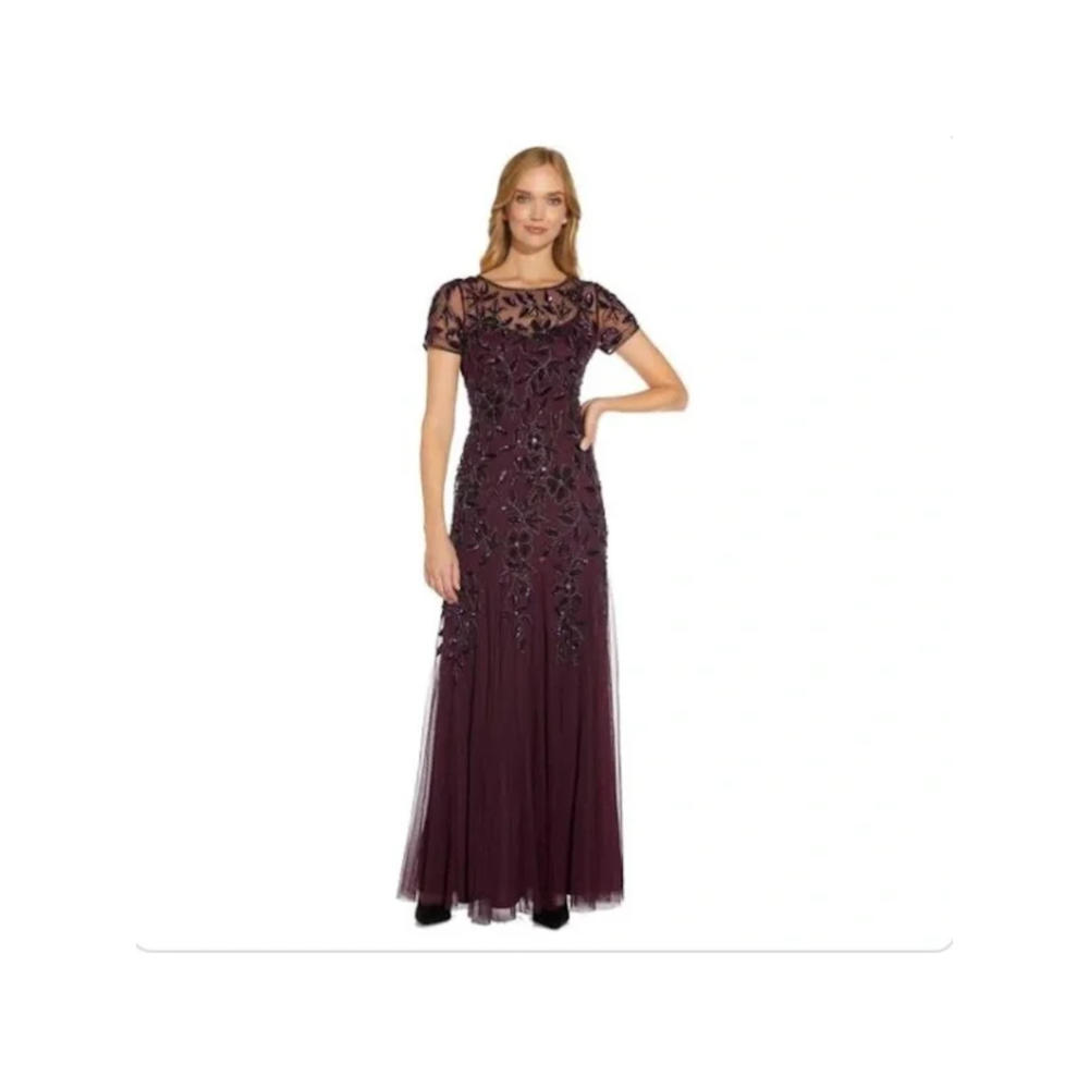 ADRIANNA PAPELL Womens Purple Beaded Zippered Lined Flutter Sleeve Round Neck Full-Length Formal Gown Dress Petites 6P