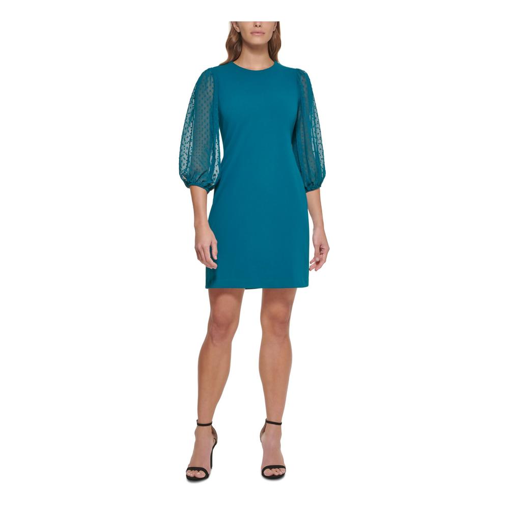 DKNY Womens Teal Stretch Zippered Clip Dot Sheer Elbow Sleeve Round Neck Above The Knee Party Shift Dress 2