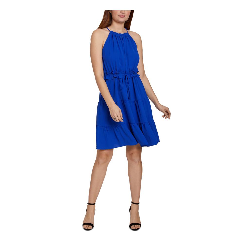SAGE COLLECTIVE Womens Blue Ruffled Drawstrings Tiered Hem Lined Sleeveless Halter Above The Knee Fit + Flare Dress 12