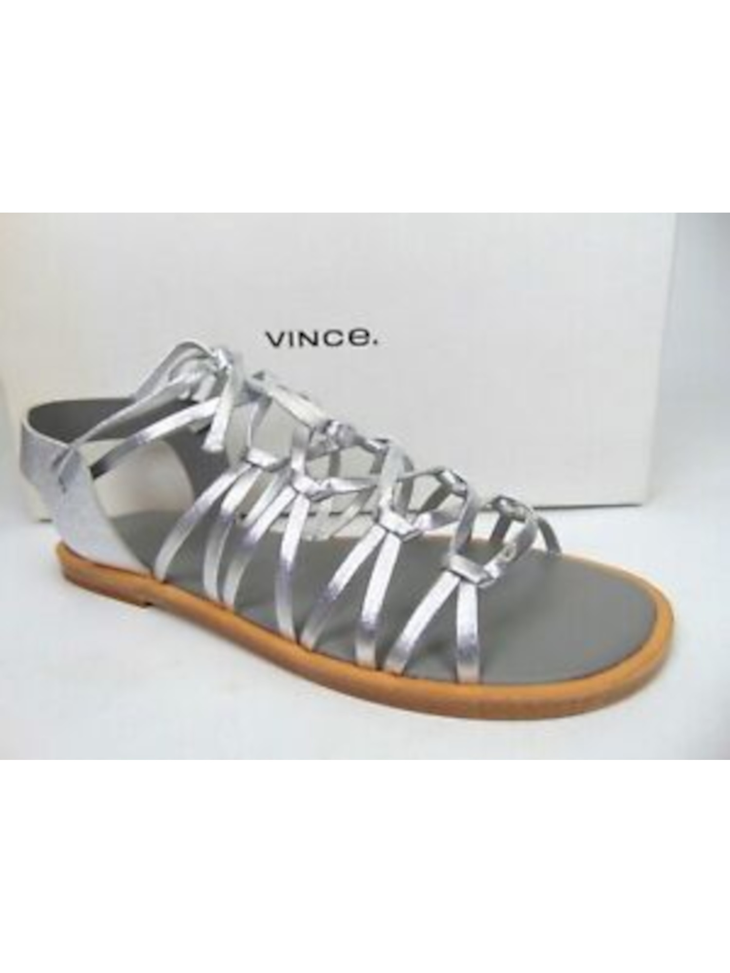 VINCE. Womens Silver Strappy Palmera Round Toe Lace-Up Leather Slingback Sandal 6 M
