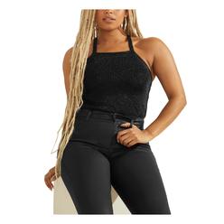 GUESS Womens Black Knit Metallic Textured T-back Sleeveless Halter Cami Sweater Juniors XL
