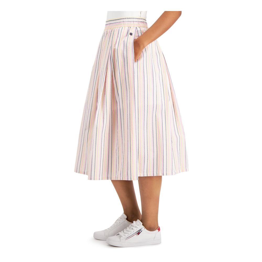 TOMMY HILFIGER Womens White Striped Midi Pleated Skirt XS