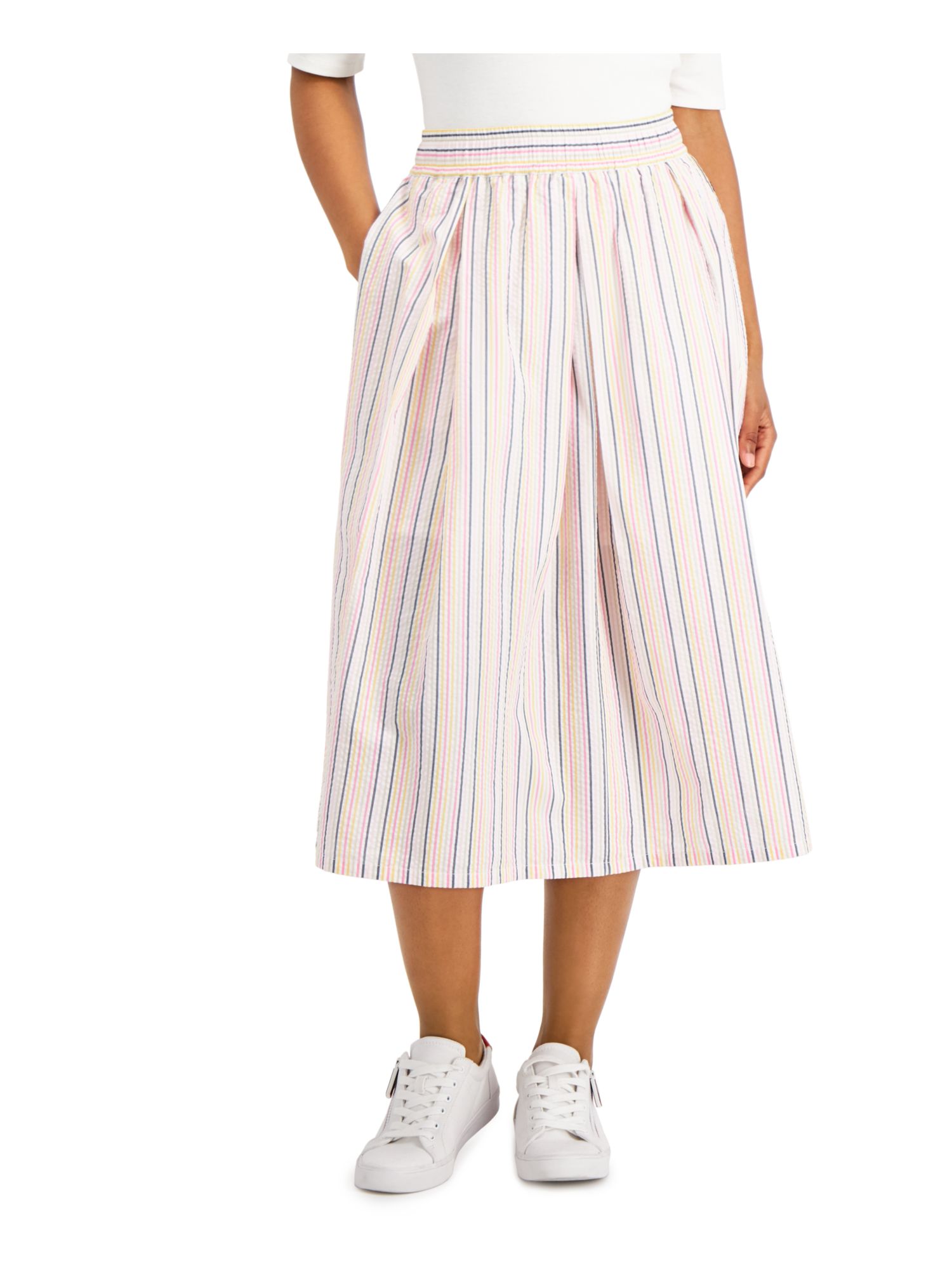 TOMMY HILFIGER Womens White Striped Midi Pleated Skirt XS