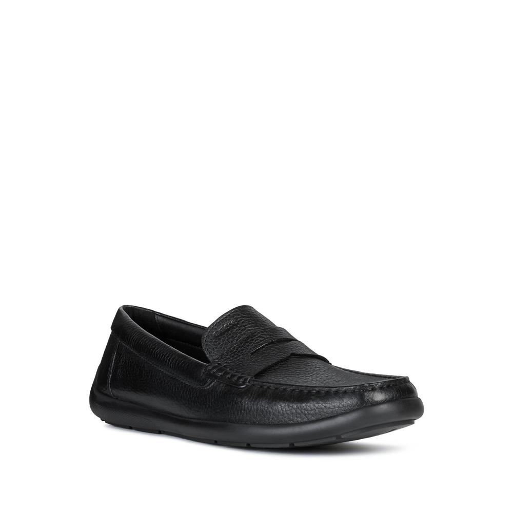 GEOX Mens Black Padded Devan Round Toe Slip On Leather Loafers Shoes 42