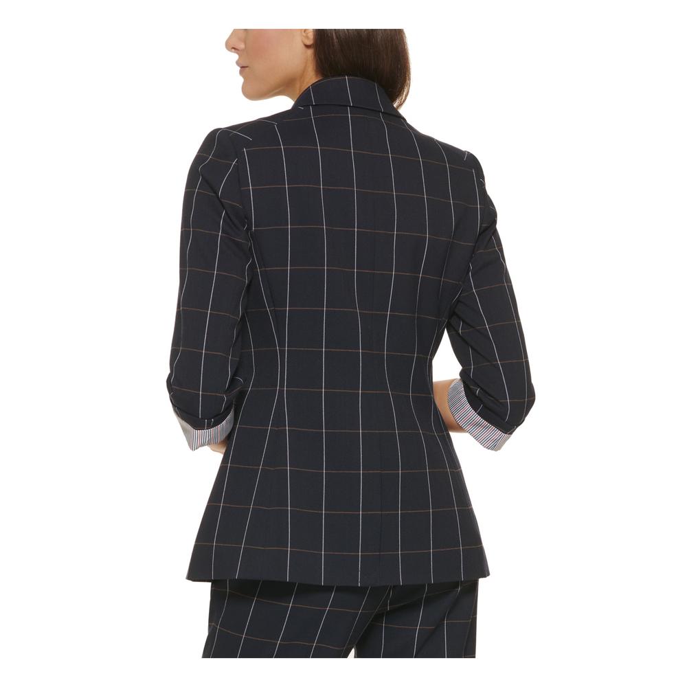 TOMMY HILFIGER Womens Navy Pocketed Button Front Rolled Cuffs Padded Plaid Wear To Work Blazer Jacket 8