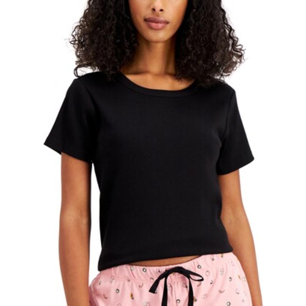 JENNI Intimates Black Cotton Blend Ribbed Sleep Shirt Pajama Top M