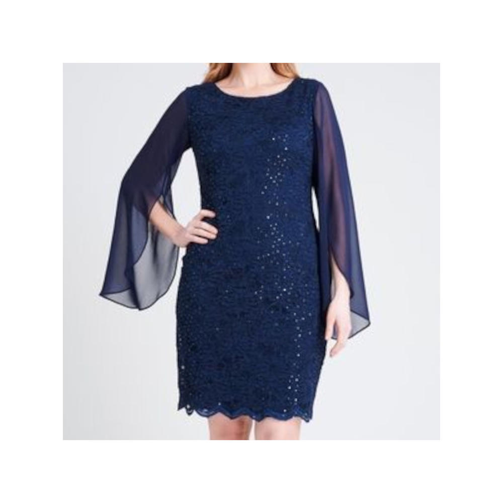 CONNECTED APPAREL Womens Navy Stretch Sequined Lace Long Chiffon-sleeve Scoop Neck Above The Knee Evening Sheath Dress Plus 24W