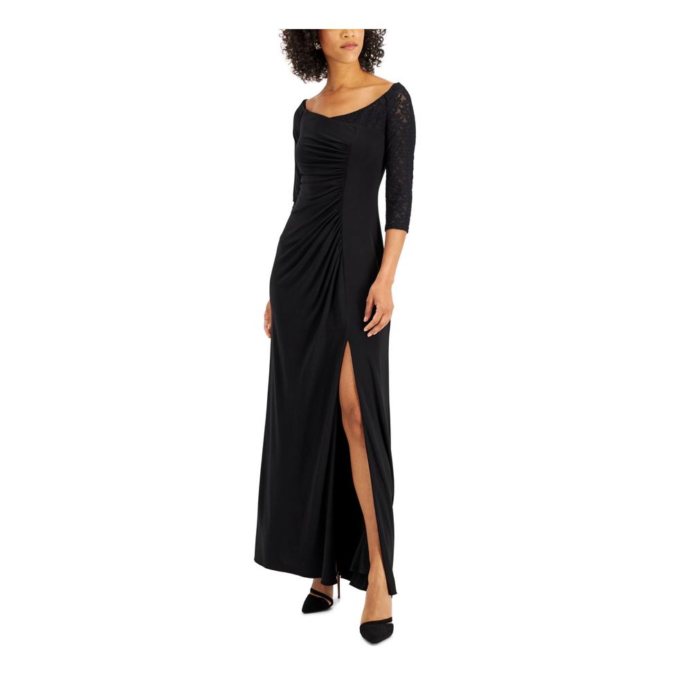 ADRIANNA PAPELL Womens Slitted Zippered High Side Slit Lined 3/4 Sleeve Scoop Neck Full-Length Evening Gown Dress