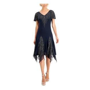 JKARA Womens Beaded Handkerchief Hem Lined Short Sleeve V Neck Knee Length Cocktail Shift Dress JKARA Womens Beaded Handkerchief Hem Lined Short Sleeve V Neck Knee Length Cocktail Shift Dress