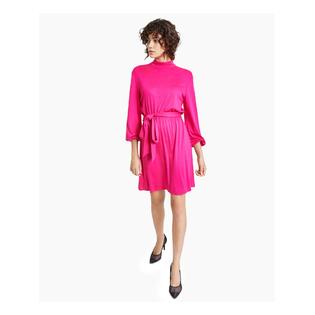 BAR III DRESSES Womens Pink Stretch Tie Unlined Elastic Cuffs Balloon Sleeve Mock Neck Above The BAR III DRESSES Womens Pink Stretch Tie Unlined Elastic Cuffs Balloon Sleeve Mock Neck Above The
