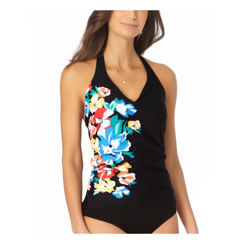 ANNE COLE Women's Black Floral Ruched Tie Halter Tankini Swimsuit Top XS