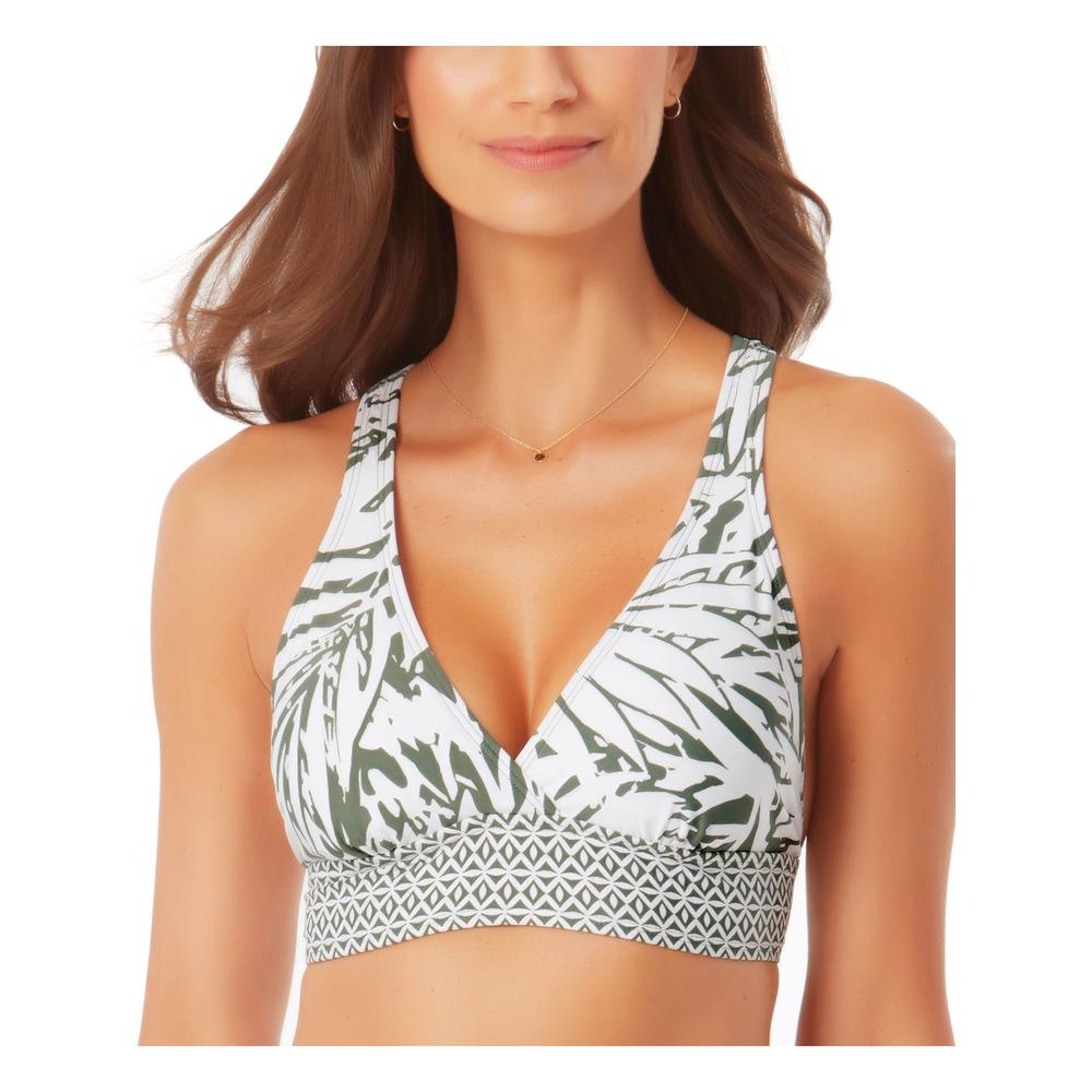 ANNE COLE Women's Green Printed Stretch Cross Back Halter Bikini Deep V Neck Adjustable Palm Breeze Swimsuit Top XS