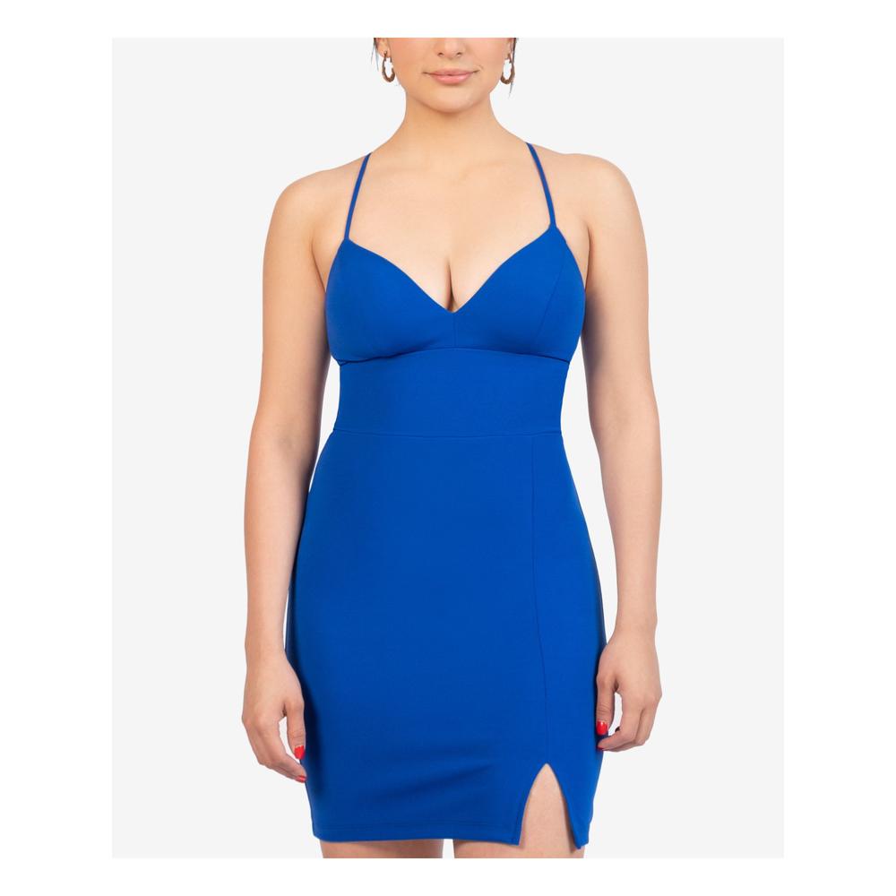 B.Darlin B DARLIN Womens Blue Stretch Spaghetti Strap V Neck Above The Knee Party Body Con Dress Juniors 7\8