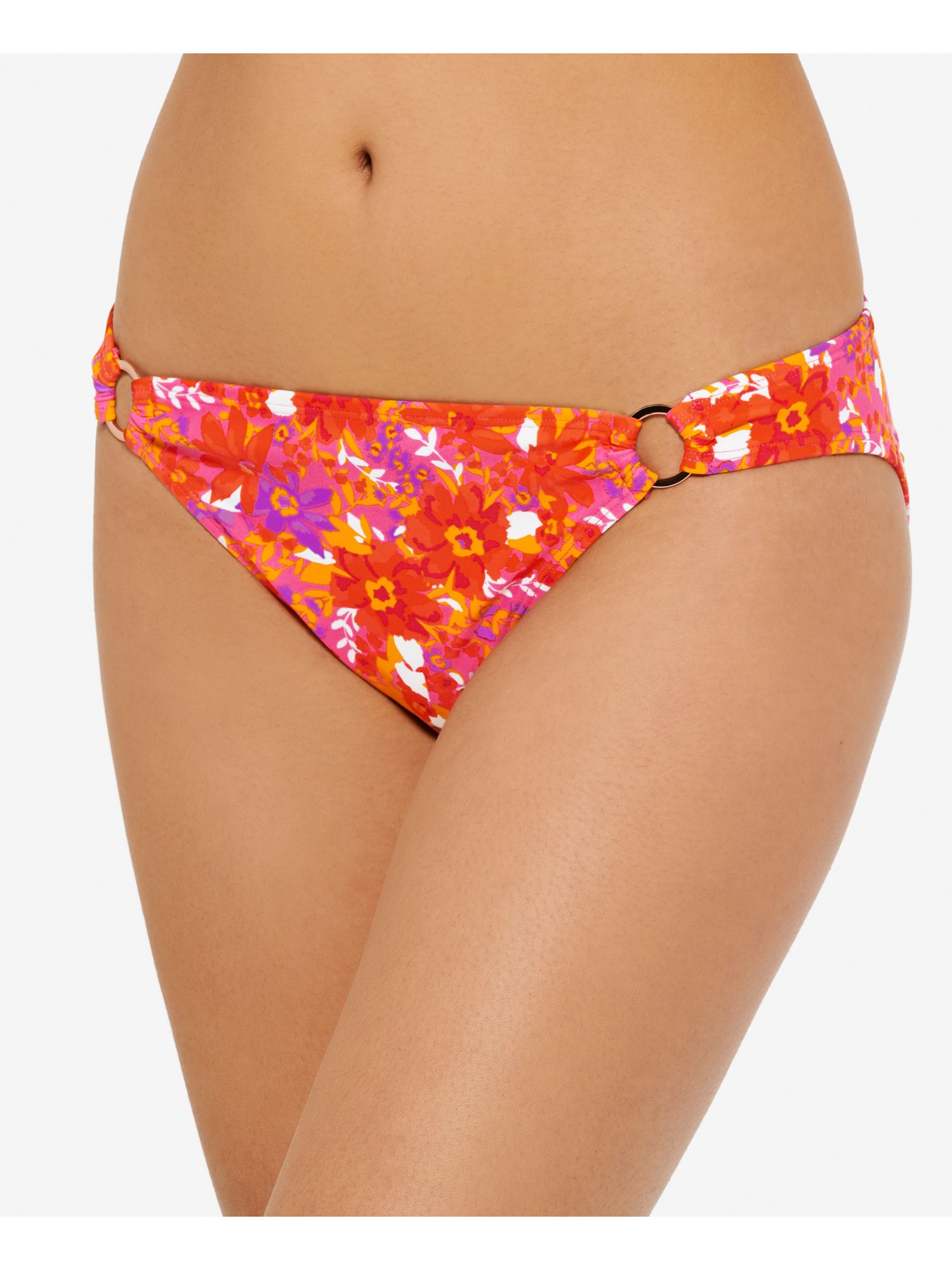 HULA HONEY Women's Orange Floral Ring Detail Lined Bold Bouquet Hipster Swimsuit Bottom XS