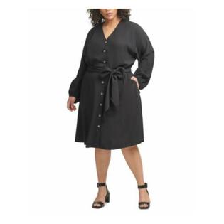 Calvin Klein CALVIN KLEIN Womens Black Pocketed Belted Roll-tab Sleeve Collared Knee Length Shirt Dress Plus 2X Calvin Klein CALVIN KLEIN Womens Black Pocketed Belted Roll-tab Sleeve Collared Knee Length Shirt Dress Plus 2X