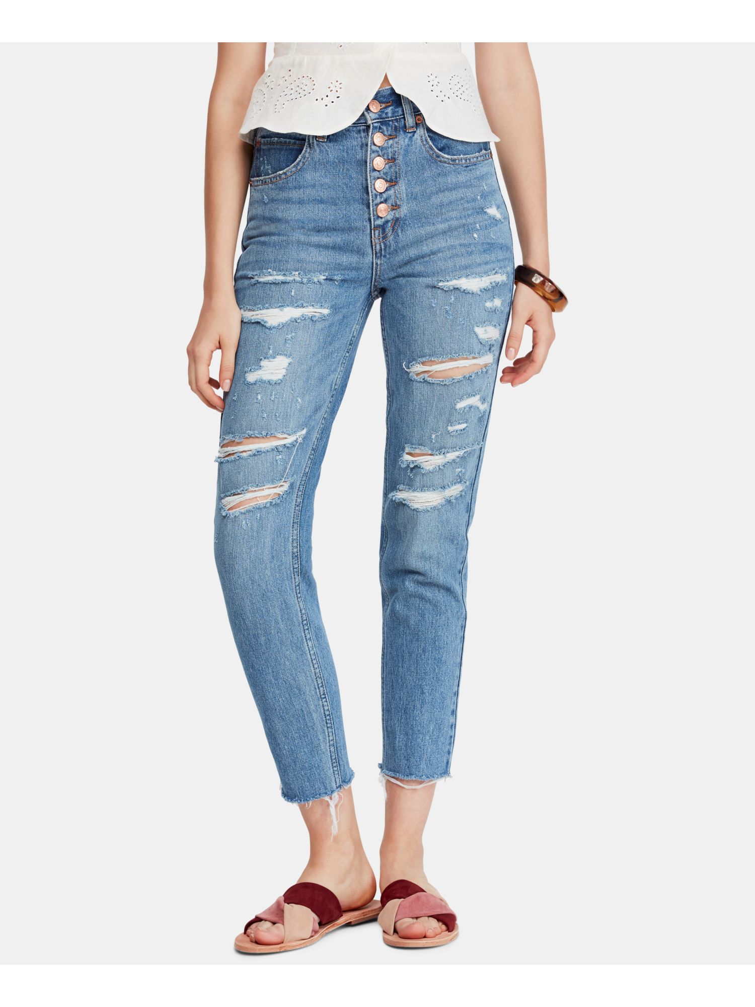 FREE PEOPLE Womens Frayed Straight leg Jeans