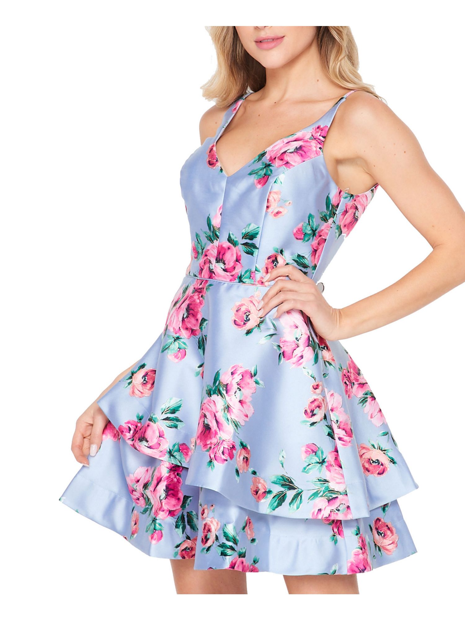 TEEZE ME Womens Light Blue Zippered Ruffled Layered Floral Sleeveless V Neck Mini Party Fit + Flare Dress Juniors 7\8
