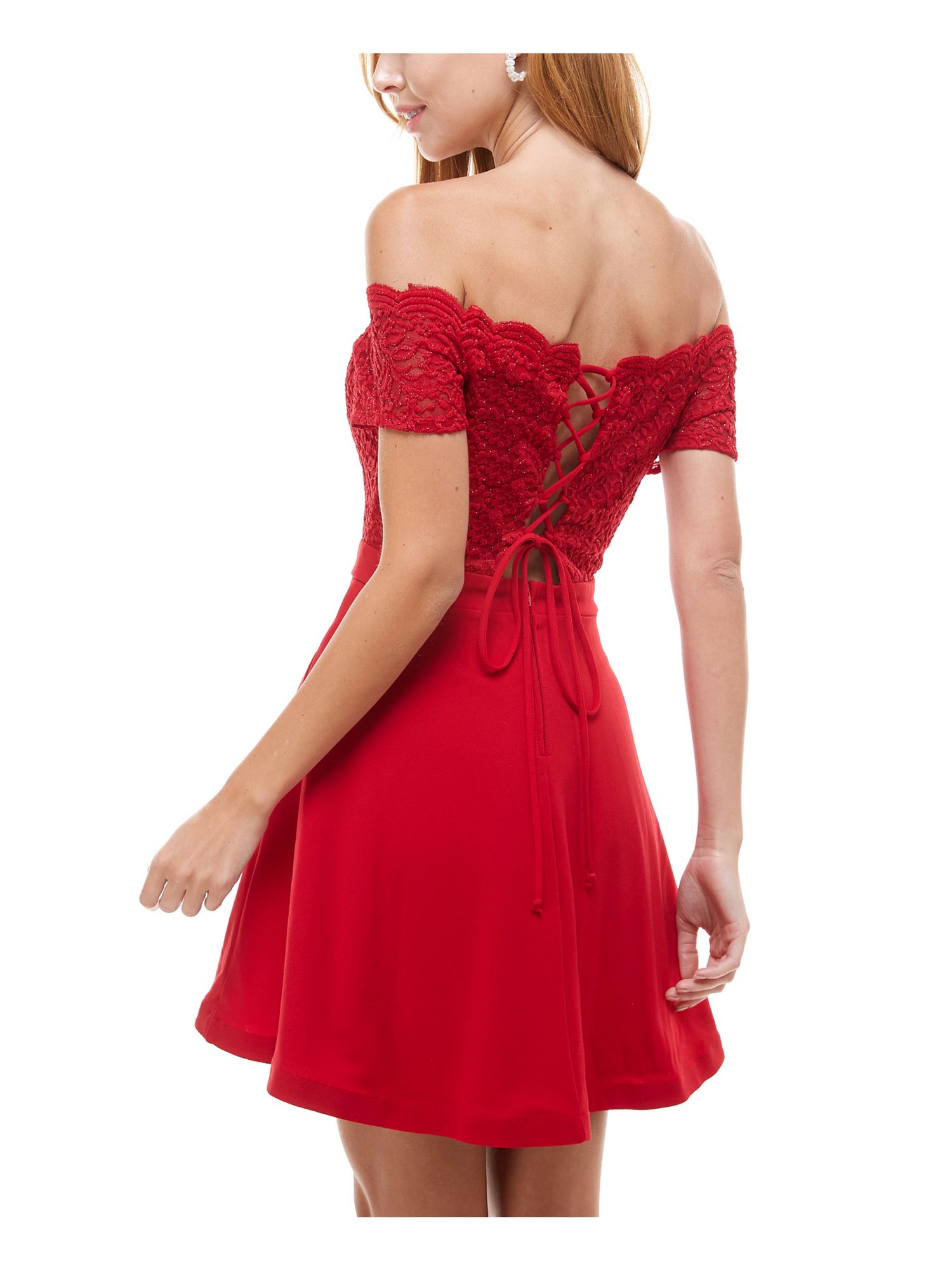 CITY STUDIO Womens Red Glitter Lace Scalloped Lace-up Short Sleeve Off Shoulder Short Party Fit + Flare Dress Juniors 15