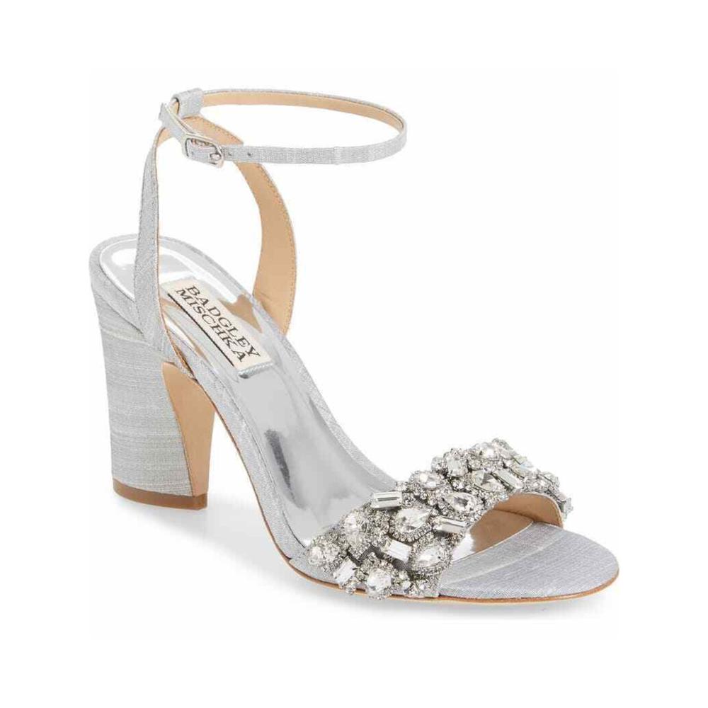 BADGLEY MISCHKA Womens Silver Toe Strap Metallic Rhinestone Round Toe Block Heel Buckle Dress Sandals Shoes 7.5