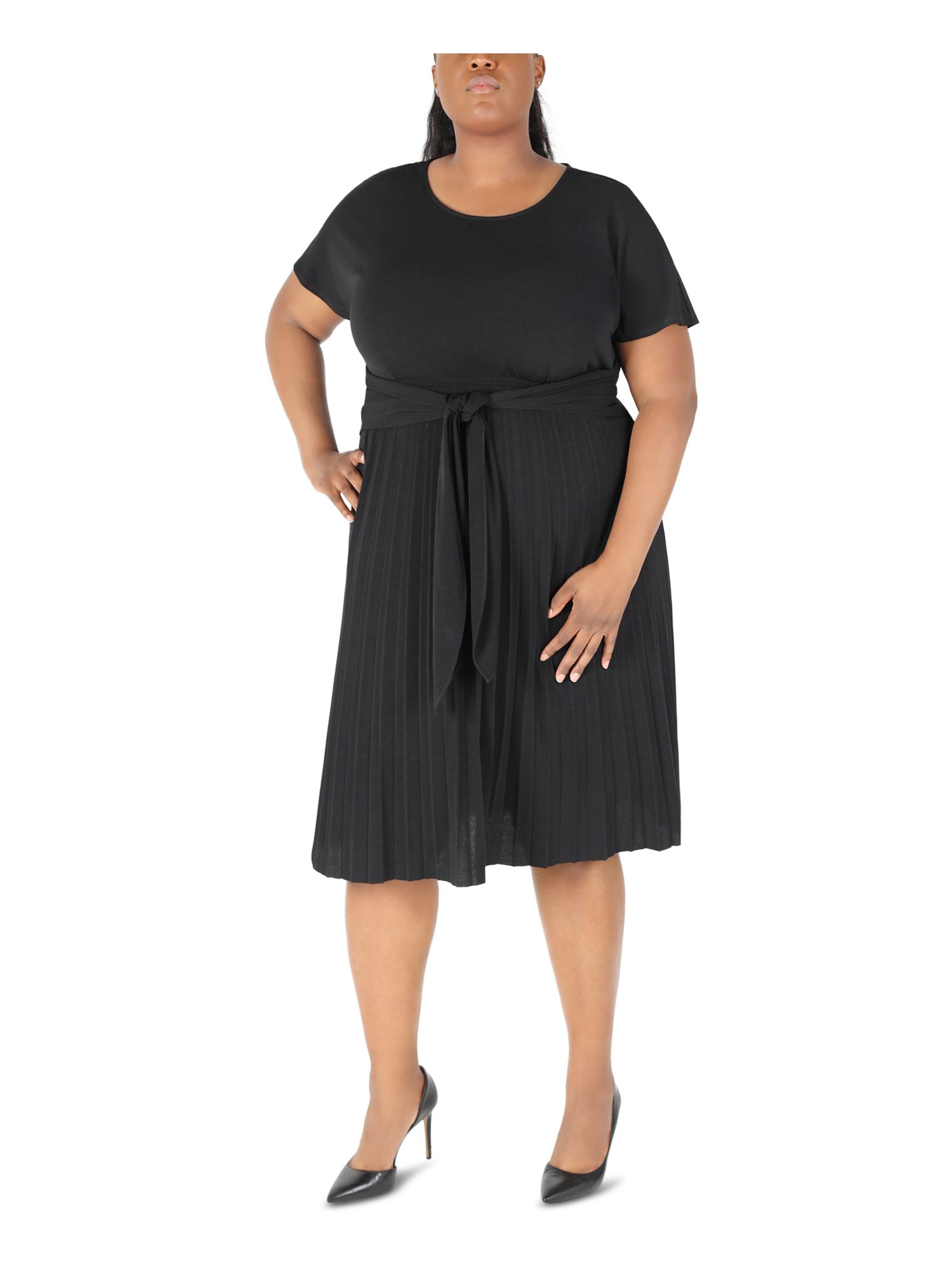 Robbie Bee ROBBIE BEE Womens Jersey Pleated Tie Pullover Style Unlined Short Sleeve Round Neck Below The Knee Fit + Flare Dress Robbie Bee ROBBIE BEE Womens Jersey Pleated Tie Pullover Style Unlined Short Sleeve Round Neck Below The Knee Fit + Flare Dress