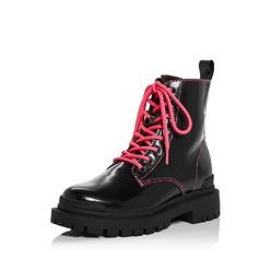 AQUA Womens Black Pull Tab Lug Sole Lace Quinn Round Toe Block Heel Lace-Up Leather Combat Boots 5.5 M