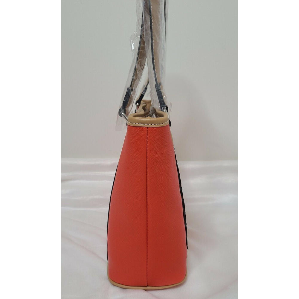 GIANI BERNINI Women's Orange Safiano Color Block PVC Braided Detail Metallic Logo Double Flat Strap Tote Handbag Purse