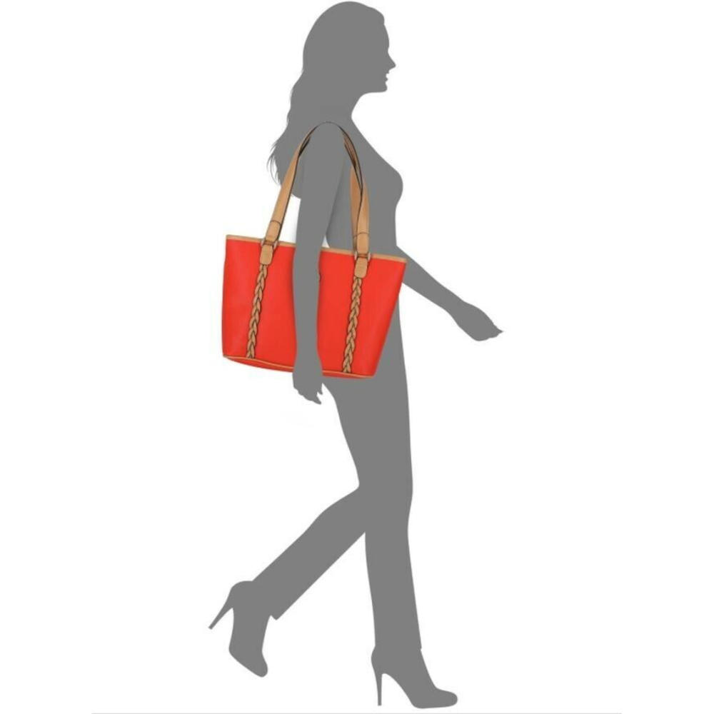 GIANI BERNINI Women's Orange Safiano Color Block PVC Braided Detail Metallic Logo Double Flat Strap Tote Handbag Purse