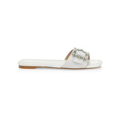 STUART WEITZMAN Womens White Crystal-Embellished Buckle Accent Glitter Shine Square Toe Slip On Slide Sandals Shoes 5.5