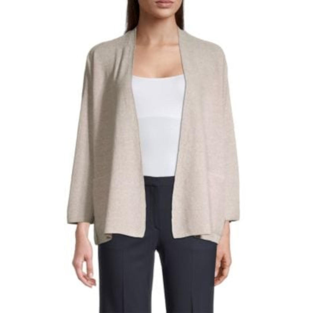 EILEEN FISHER Womens Beige Pocketed Textured Oversized Fit Cardigan 3/4 Sleeve Open Front Sweater XS