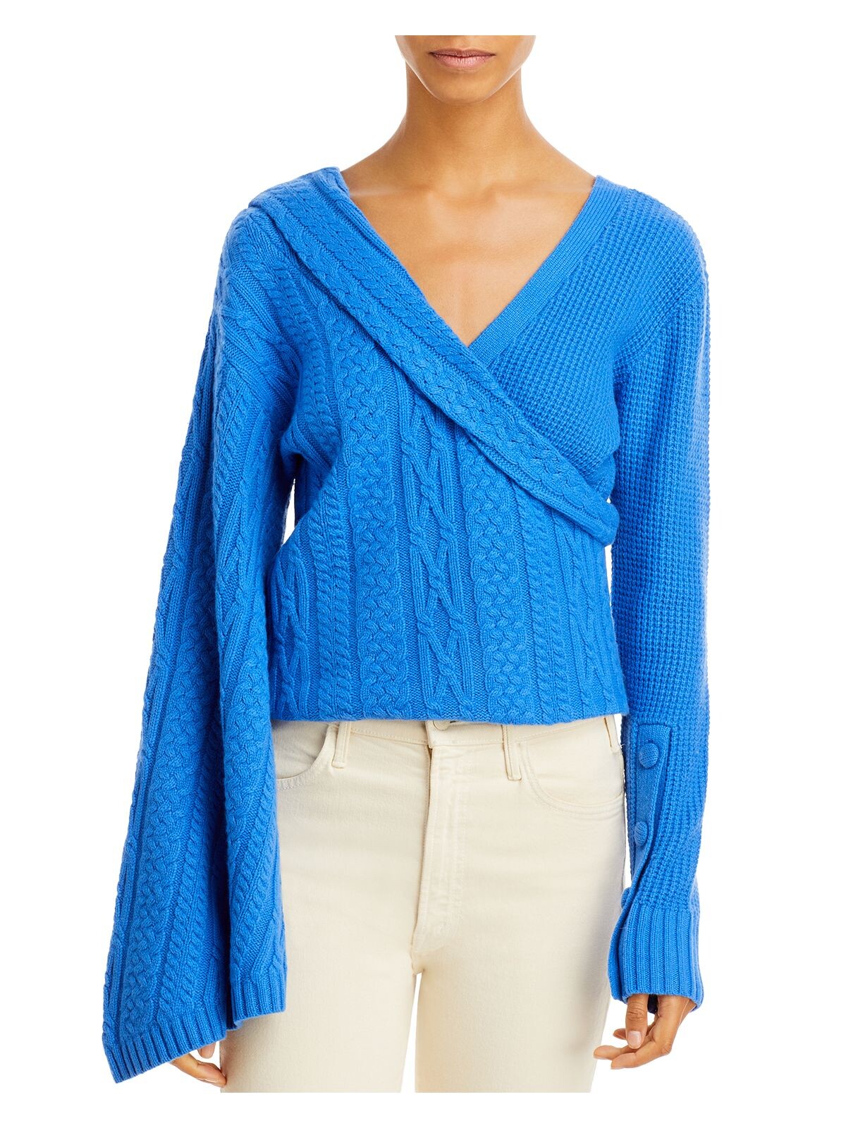 HELLESSY Womens Blue Ribbed Drop Shoulders V Back Crossover Long Sleeve V Neck Sweater L