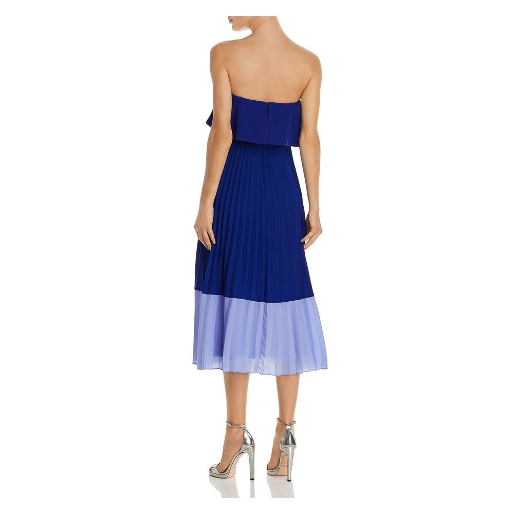 AIDAN MATTOX Womens Blue Pleated Overlay Strapless Below The Knee Party Fit + Flare Dress 2