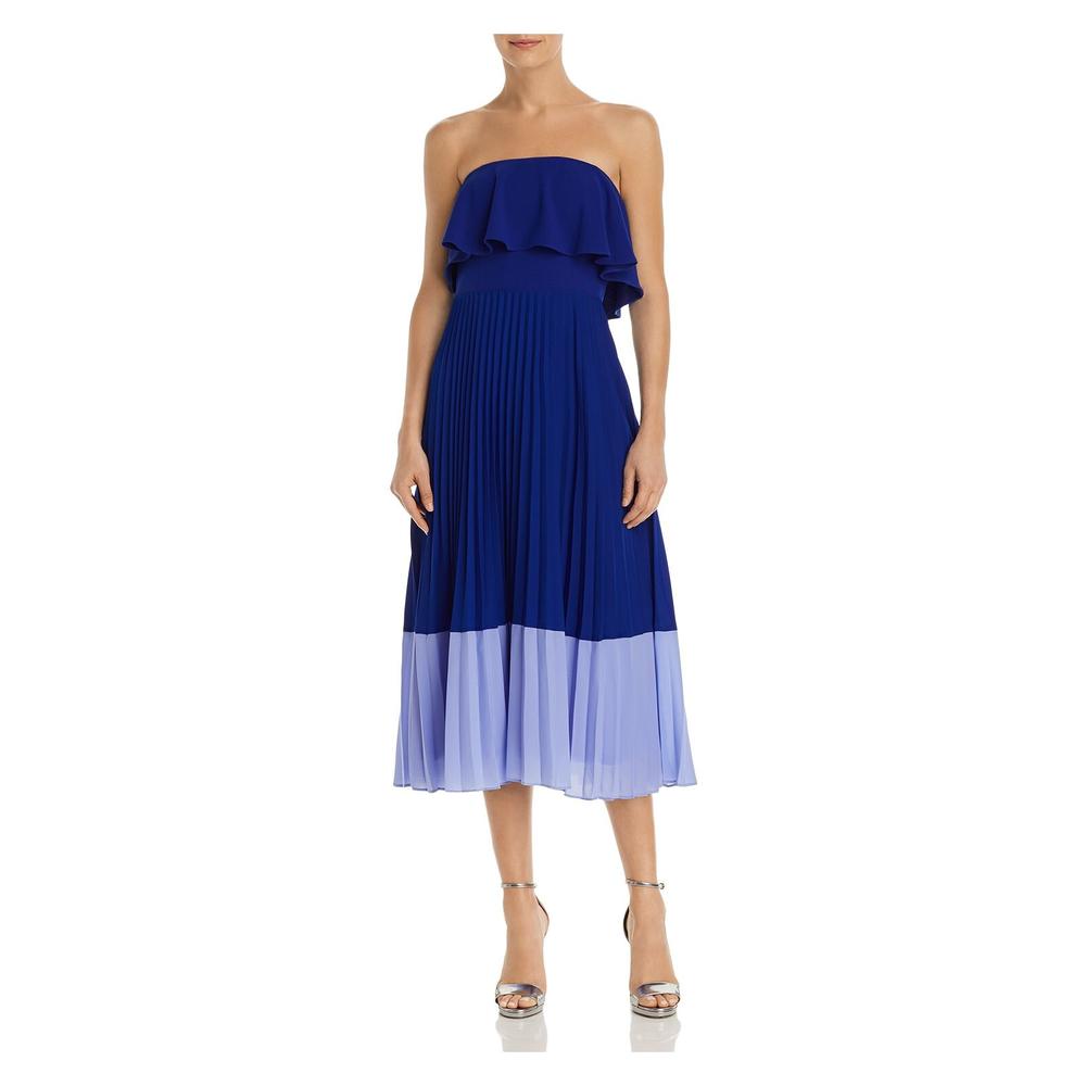 AIDAN MATTOX Womens Blue Pleated Overlay Strapless Below The Knee Party Fit + Flare Dress 2
