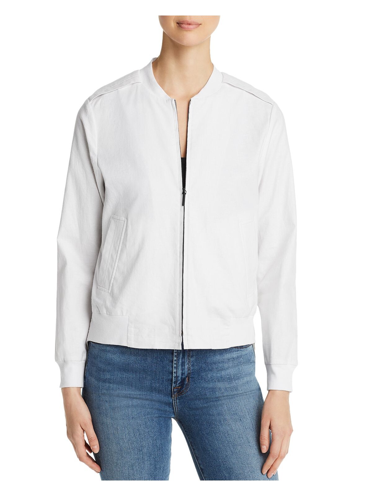 KENNETH COLE Womens White Zippered Pocketed Hi-lo Hem Ribbed Trimmed Bomber Jacket M