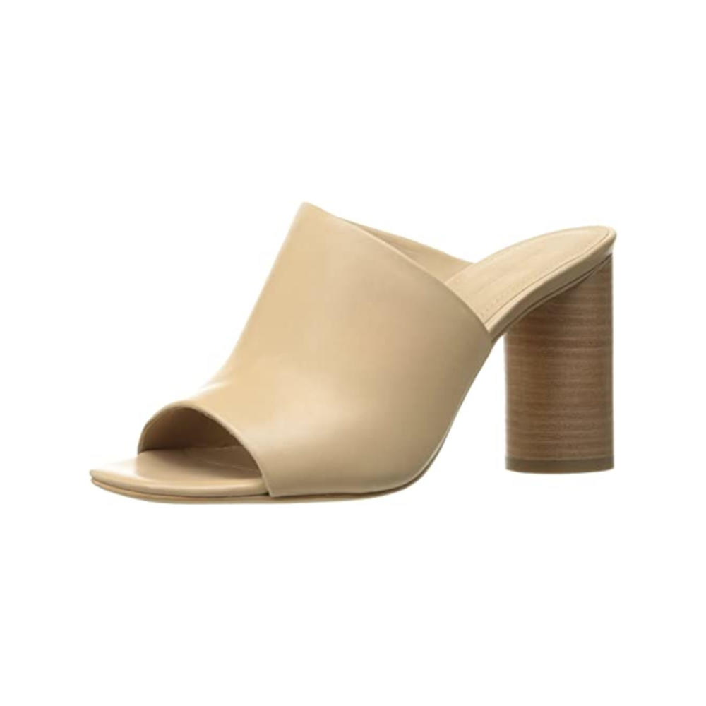 POUR LA VICTOIRE Womens Beige Asymmetrical Comfort Helena Open Toe Block Heel Slip On Leather Heeled Mules Shoes 7.5