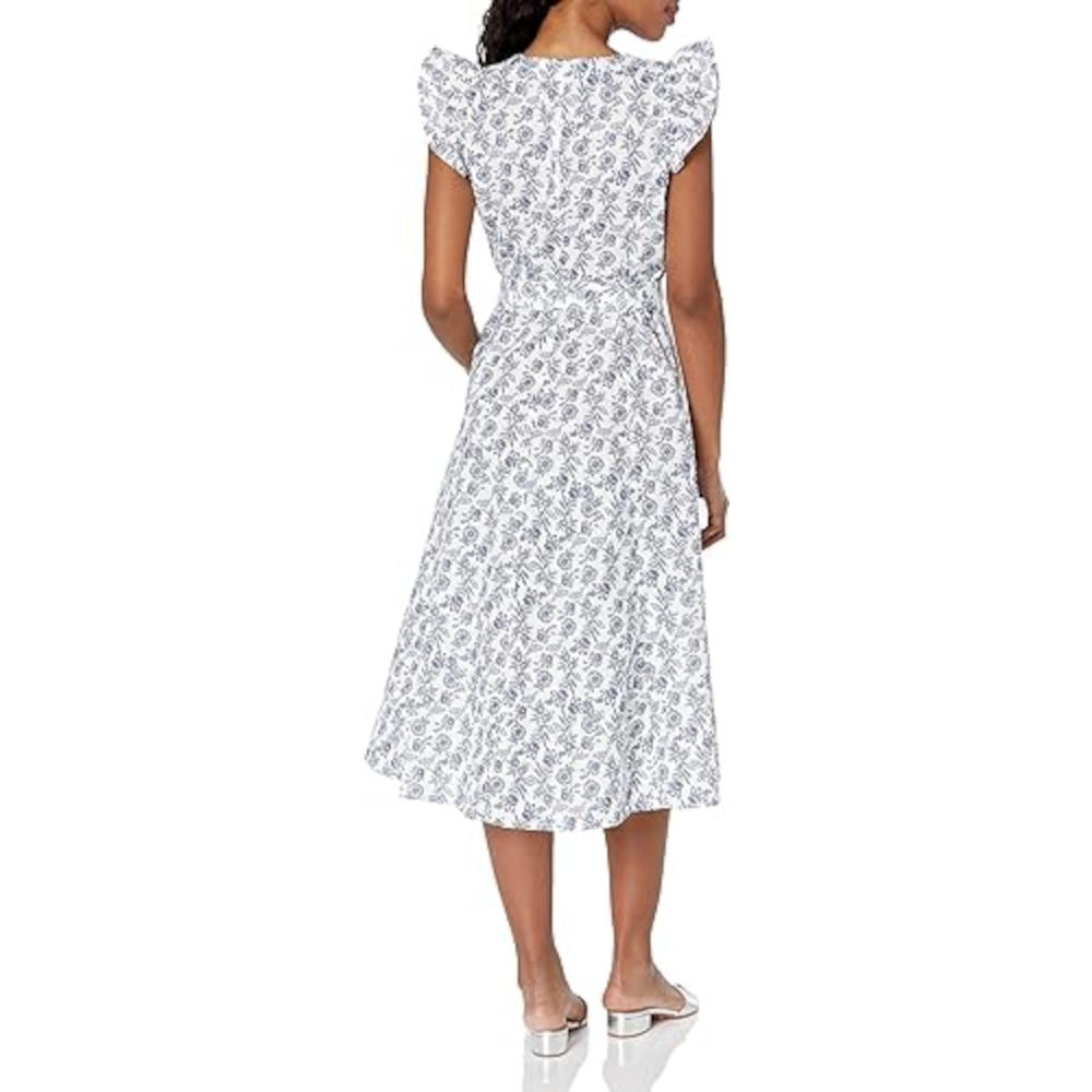 TOMMY HILFIGER Womens White Textured Button Down Unlined Sheer Tie Floral Flutter Sleeve V Neck Midi Fit + Flare Dress 14