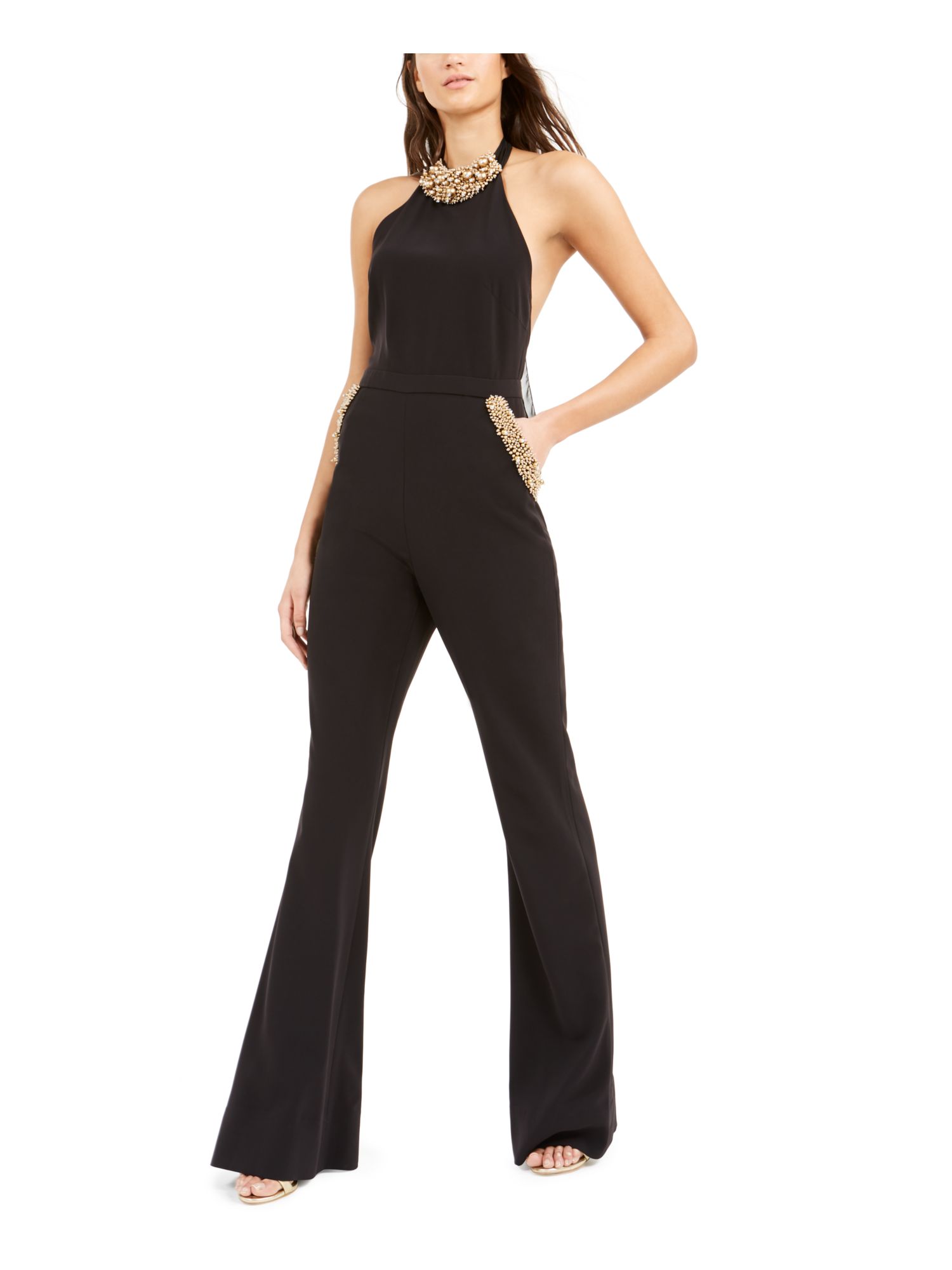 RACHEL ZOE Womens Black Embellished Sleeveless Halter Evening Jumpsuit 0