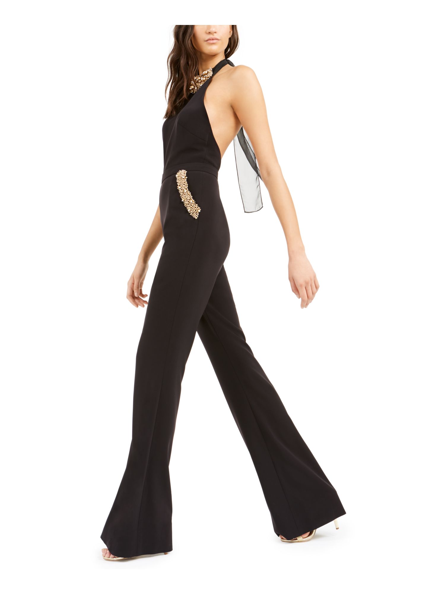 RACHEL ZOE Womens Black Embellished Sleeveless Halter Evening Jumpsuit 0