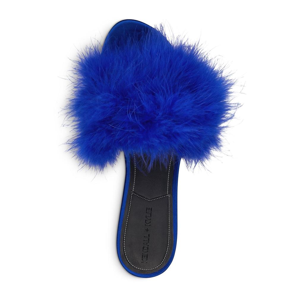 KENDALL + KYLIE Womens Blue Feather Accent Padded Chloe Round Toe Slip On Leather Slide Sandals Shoes 7 M