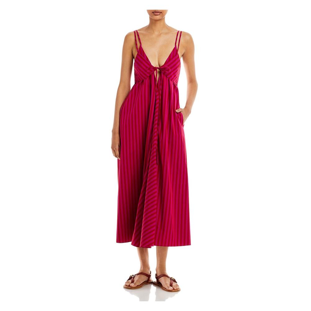 REBECCA TAYLOR Womens Purple Tie Open Back Unlined Textured Striped V Neck Tea-Length Fit + Flare Dress 6