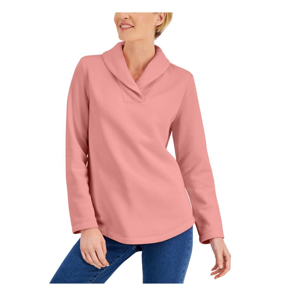 KAREN SCOTT SPORT Womens Fleece Ribbed Relaxed-fit Long Sleeve Shawl Collar Top